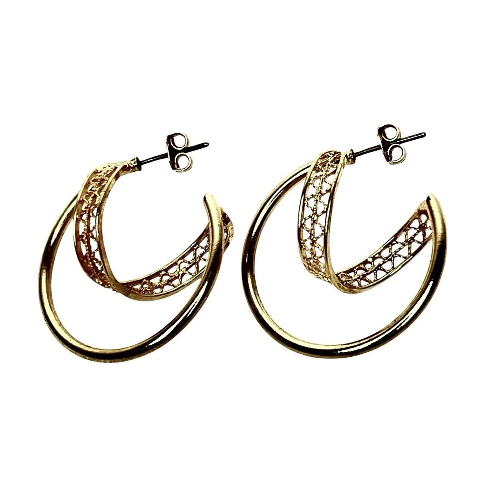 Hoop Earrings Gold Tone Swirl Filigree Swoop Cutout Spiral Unique Artistic Post